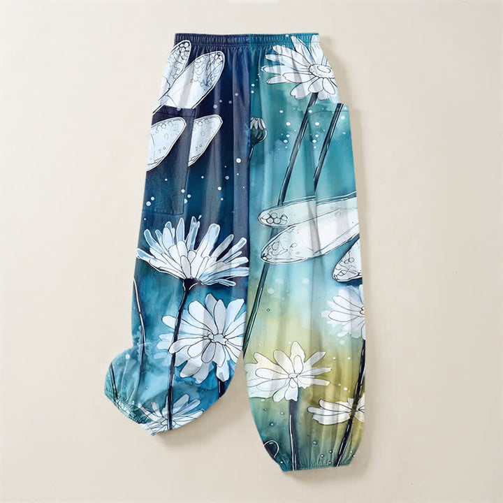 Buddha Stones Pantalones harem de algodón con estampado de libélulas y margaritas en acuarela para mujer, con cintura elástica y bolsillos laterales. - image 3