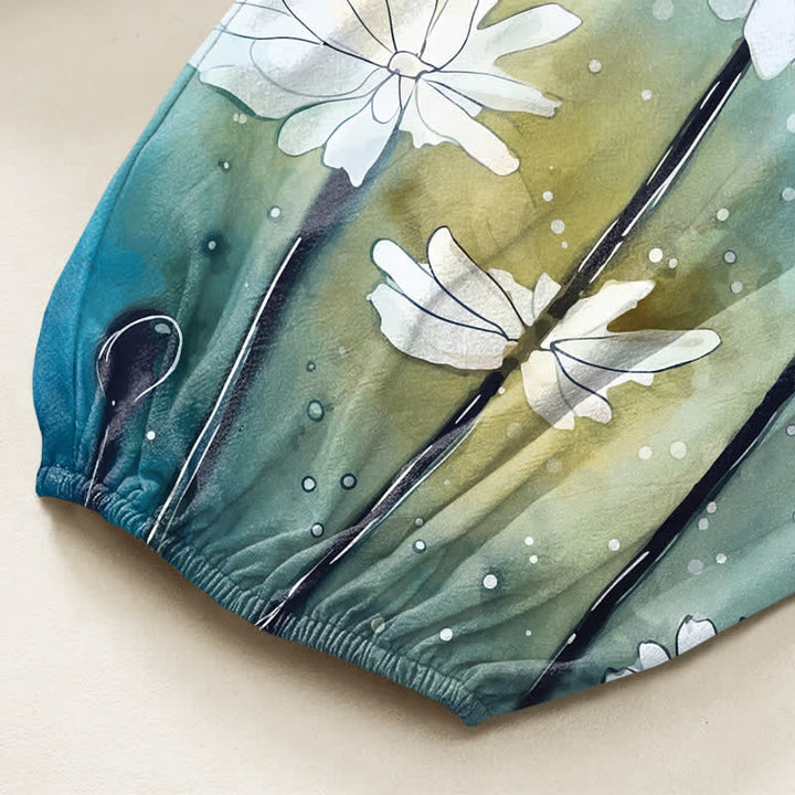 Buddha Stones Pantalones harem de algodón con estampado de libélulas y margaritas en acuarela para mujer, con cintura elástica y bolsillos laterales. - image 6