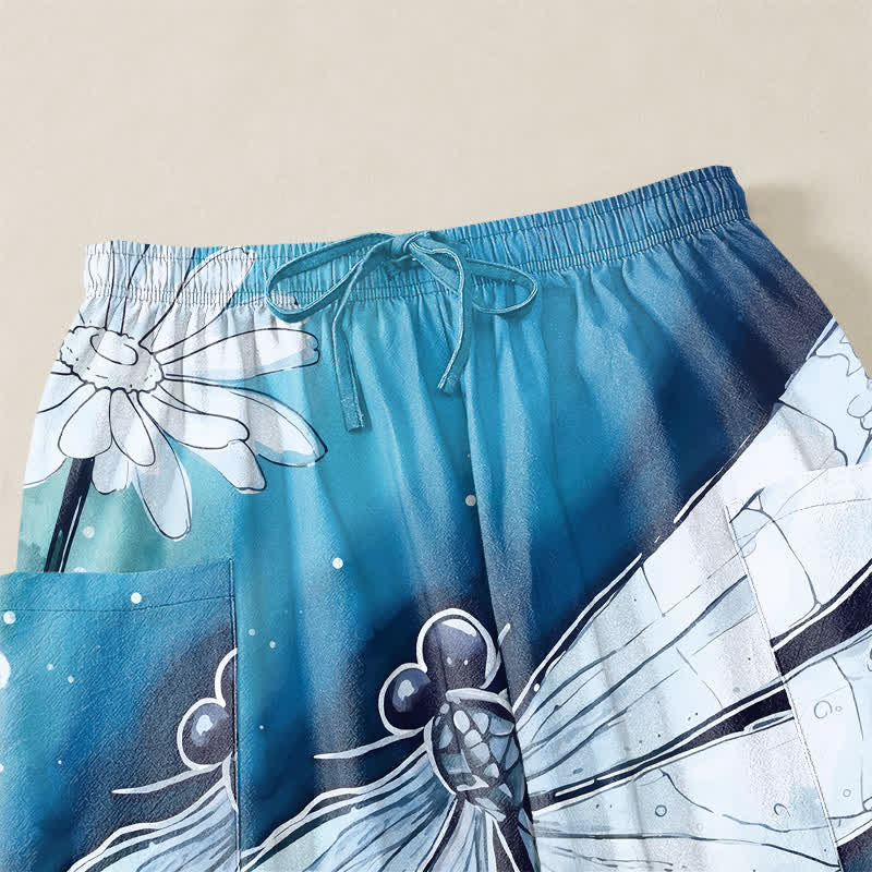 Buddha Stones Pantalones harem de algodón con estampado de libélulas y margaritas en acuarela para mujer, con cintura elástica y bolsillos laterales. - image 5