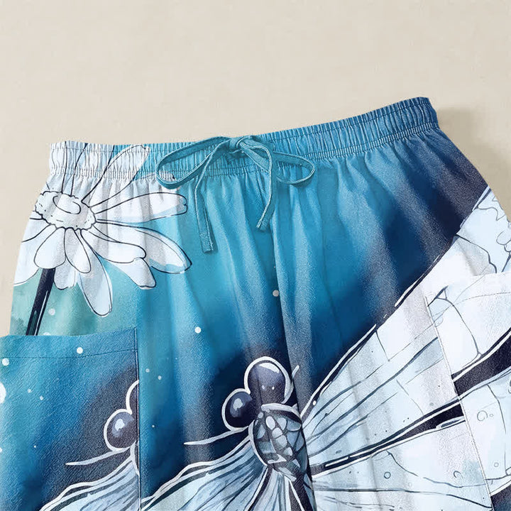 Buddha Stones Pantalones harem de algodón con estampado de libélulas y margaritas en acuarela para mujer, con cintura elástica y bolsillos laterales. - image 5