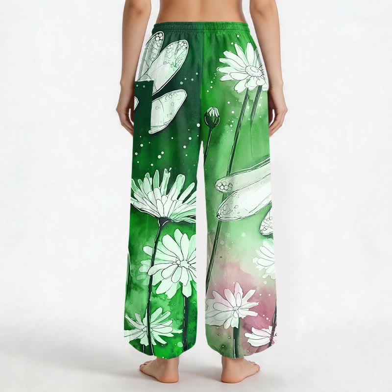Buddha Stones Pantalones harem de algodón con estampado de libélulas y margaritas en acuarela para mujer, con cintura elástica y bolsillos laterales. - image 9