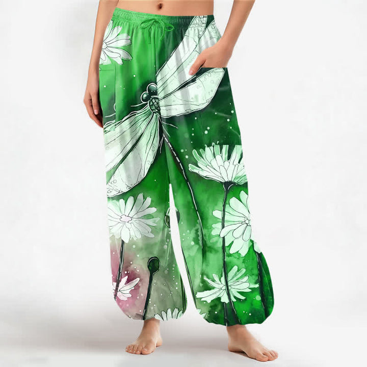 Buddha Stones Pantalones harem de algodón con estampado de libélulas y margaritas en acuarela para mujer, con cintura elástica y bolsillos laterales. - Primavera - US16，UK/AU20，EU48 (3XL) - image 7