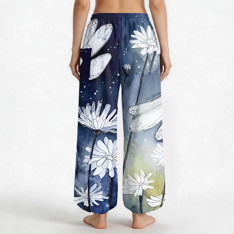 Buddha Stones Pantalones harem de algodón con estampado de libélulas y margaritas en acuarela para mujer, con cintura elástica y bolsillos laterales. - image 12