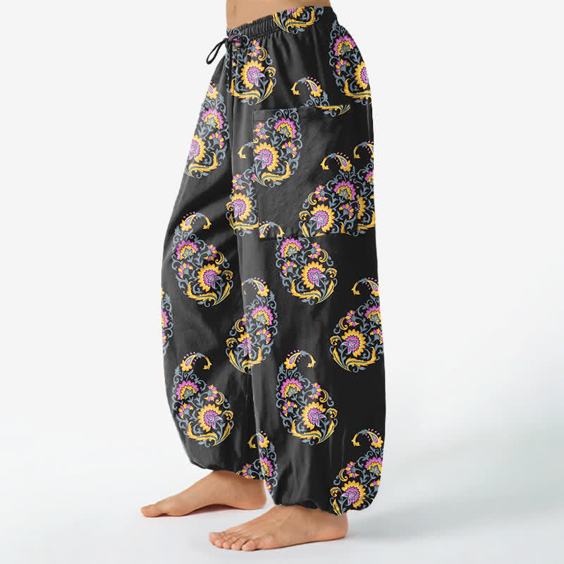 Buddha Stones Pantalones harem de algodón estilo bohemio persa con estampado paisley y cintura elástica para mujer, con bolsillos laterales. - image 1