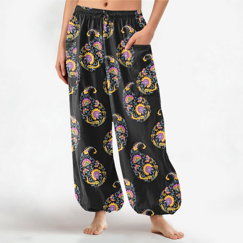 Buddha Stones Pantalones harem de algodón estilo bohemio persa con estampado paisley y cintura elástica para mujer, con bolsillos laterales. - Negro - US16，UK/AU20，EU48 (3XL) - image 0