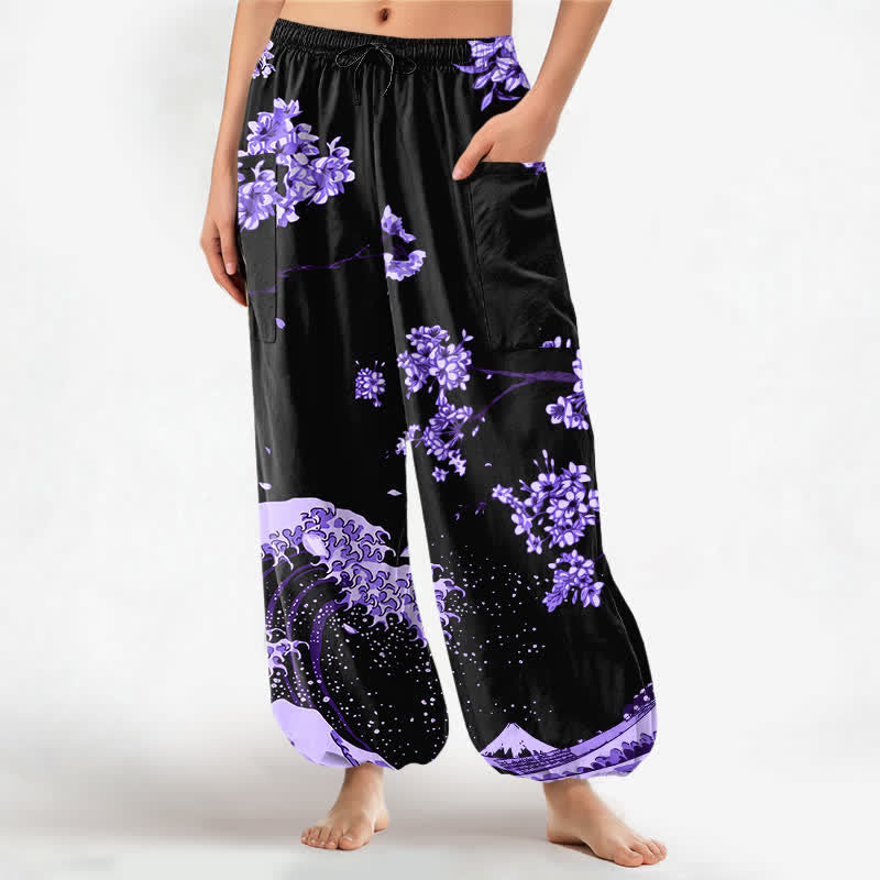 Buddha Stones Pantalones harem de algodón con estampado Ukiyo-e Bloom Wave para mujer, cintura elástica y bolsillos laterales. - Violeta oscuro - US16，UK/AU20，EU48 (3XL) - image 0