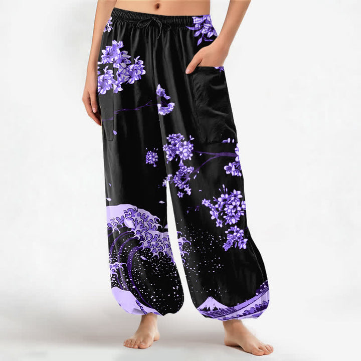 Buddha Stones Pantalones harem de algodón con estampado Ukiyo-e Bloom Wave para mujer, cintura elástica y bolsillos laterales. - Violeta oscuro - US16，UK/AU20，EU48 (3XL) - image 0