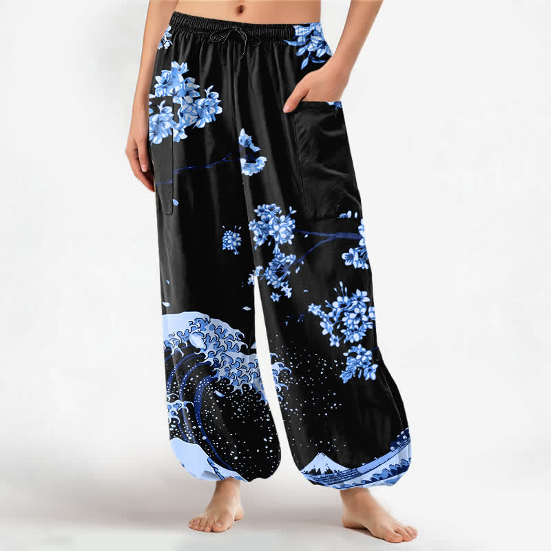 Buddha Stones Pantalones harem de algodón con estampado Ukiyo-e Bloom Wave para mujer, cintura elástica y bolsillos laterales. - Azul cielo claro - US16，UK/AU20，EU48 (3XL) - image 7