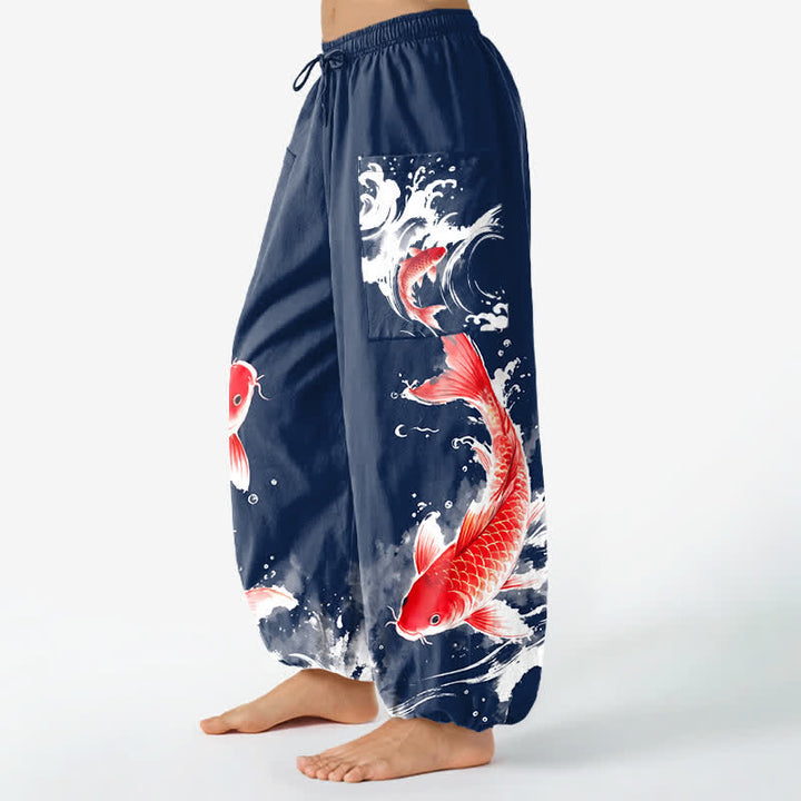 Buddha Stones Pantalones harem de algodón para mujer con estampado de peces koi y cintura elástica, con bolsillos laterales. - image 1