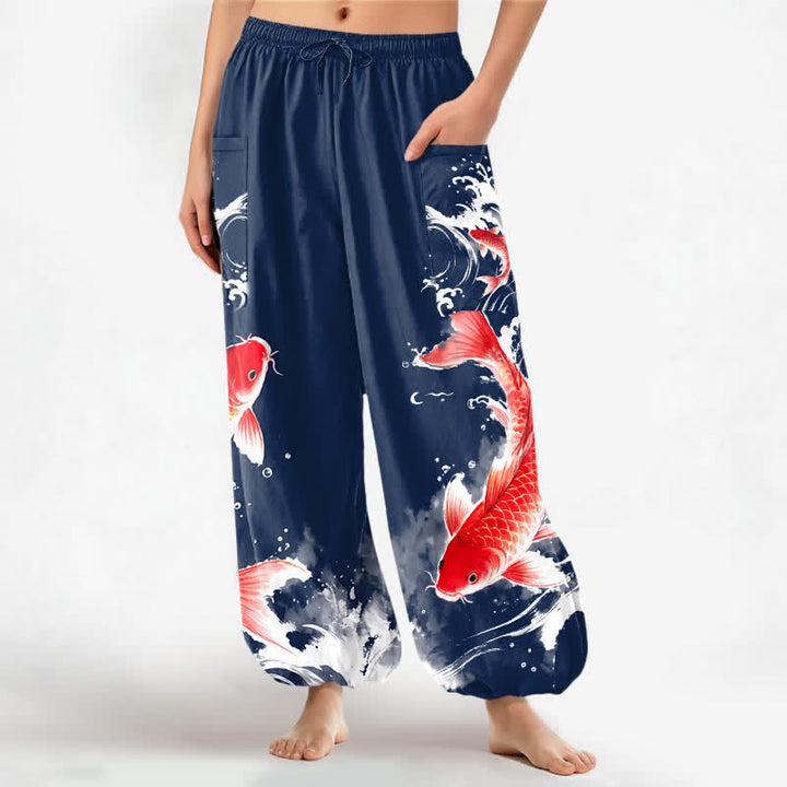 Buddha Stones Pantalones harem de algodón para mujer con estampado de peces koi y cintura elástica, con bolsillos laterales. - Marina de guerra - US16，UK/AU20，EU48 (3XL) - image 0