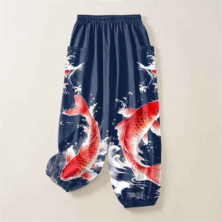 Buddha Stones Pantalones harem de algodón para mujer con estampado de peces koi y cintura elástica, con bolsillos laterales. - image 4