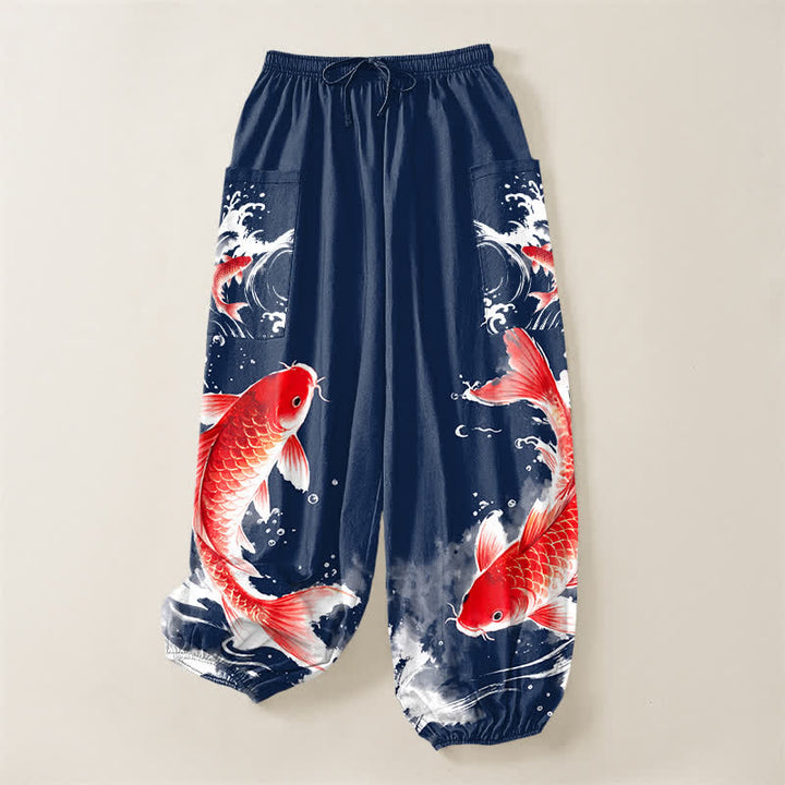 Buddha Stones Pantalones harem de algodón para mujer con estampado de peces koi y cintura elástica, con bolsillos laterales. - image 3