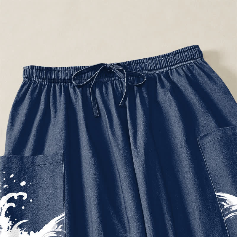 Buddha Stones Pantalones harem de algodón para mujer con estampado de peces koi y cintura elástica, con bolsillos laterales. - image 5