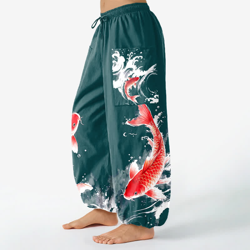 Buddha Stones Pantalones harem de algodón para mujer con estampado de peces koi y cintura elástica, con bolsillos laterales. - image 8