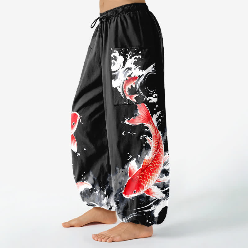 Buddha Stones Pantalones harem de algodón para mujer con estampado de peces koi y cintura elástica, con bolsillos laterales. - image 11