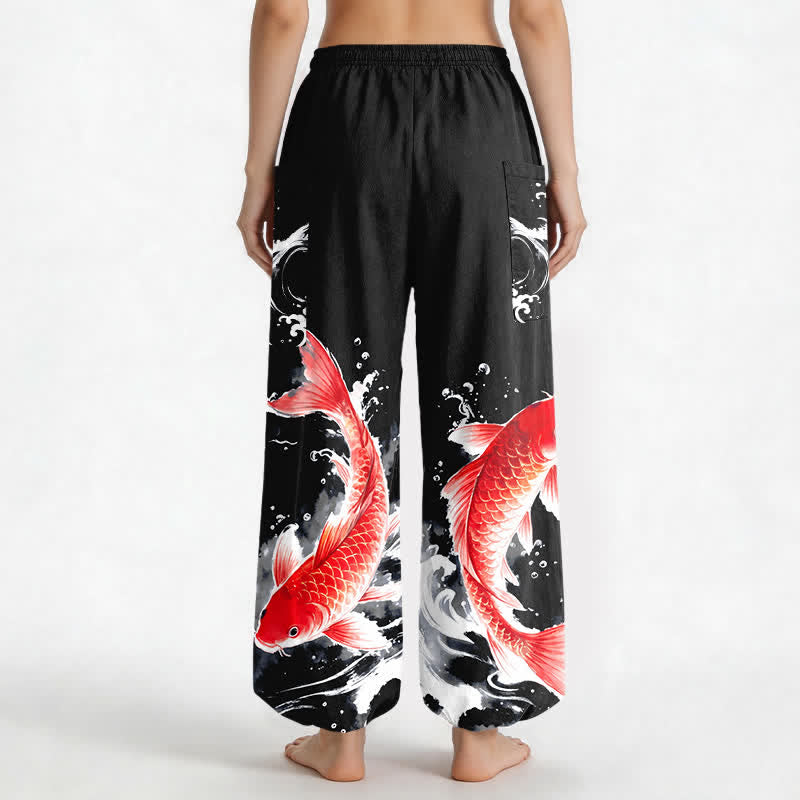 Buddha Stones Pantalones harem de algodón para mujer con estampado de peces koi y cintura elástica, con bolsillos laterales. - image 12