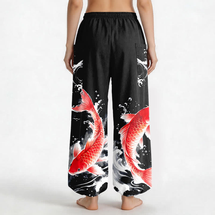Buddha Stones Pantalones harem de algodón para mujer con estampado de peces koi y cintura elástica, con bolsillos laterales. - image 12