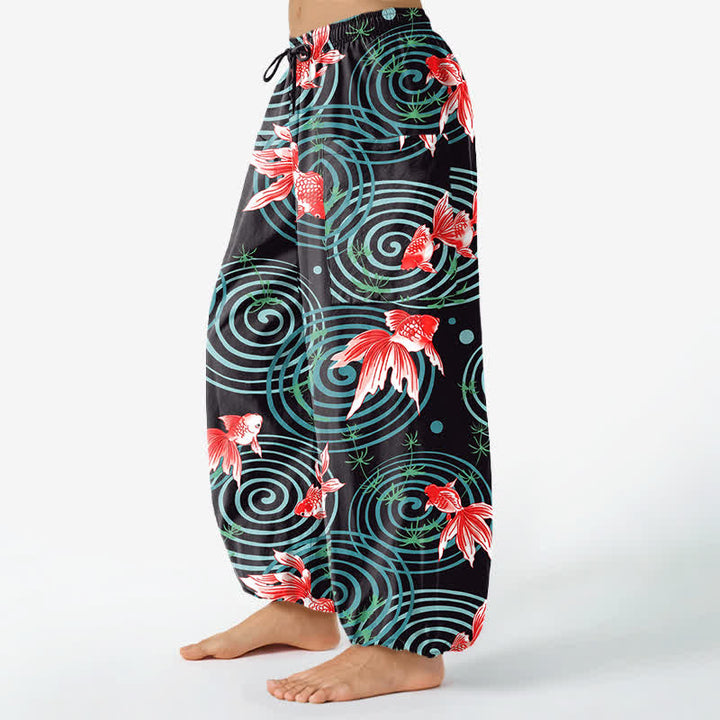 Buddha Stones Pantalones harem de algodón con estampado de carpas koi orientales y cintura elástica para mujer, con bolsillos laterales. - image 1