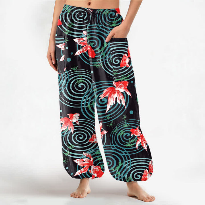 Buddha Stones Pantalones harem de algodón con estampado de carpas koi orientales y cintura elástica para mujer, con bolsillos laterales. - Negro - US16，UK/AU20，EU48 (3XL) - image 0