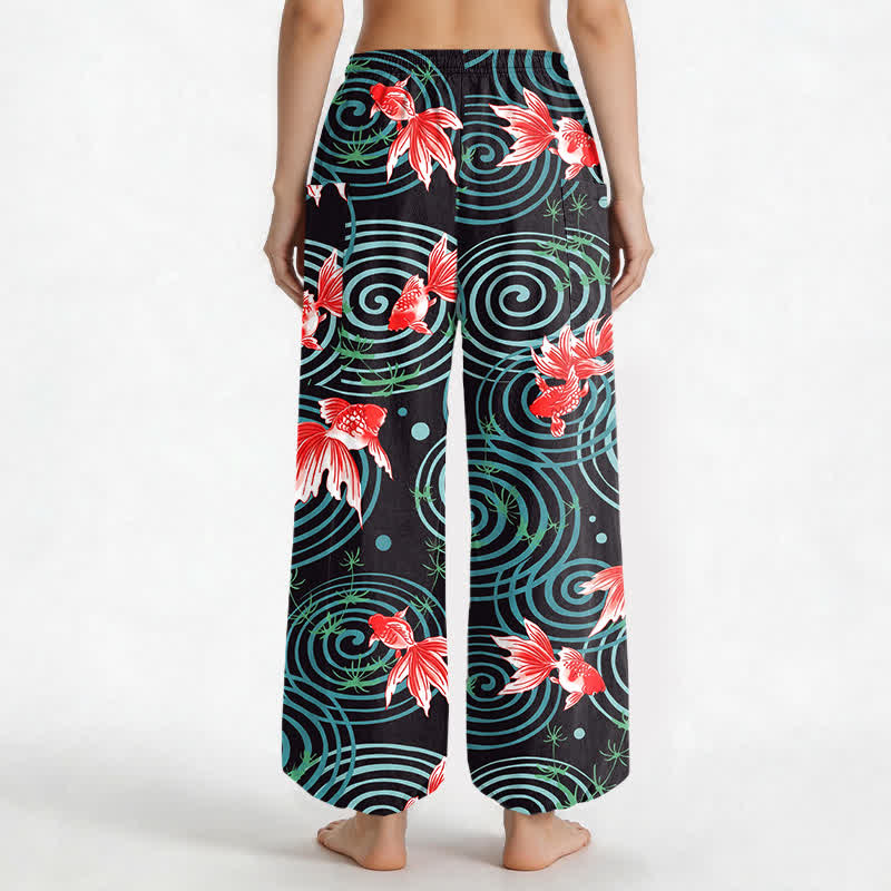 Buddha Stones Pantalones harem de algodón con estampado de carpas koi orientales y cintura elástica para mujer, con bolsillos laterales. - image 2
