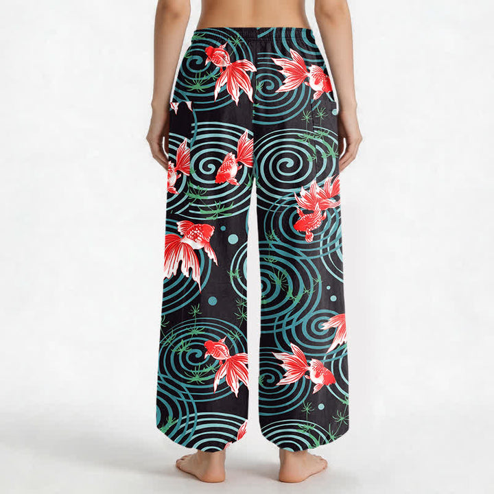 Buddha Stones Pantalones harem de algodón con estampado de carpas koi orientales y cintura elástica para mujer, con bolsillos laterales. - image 2