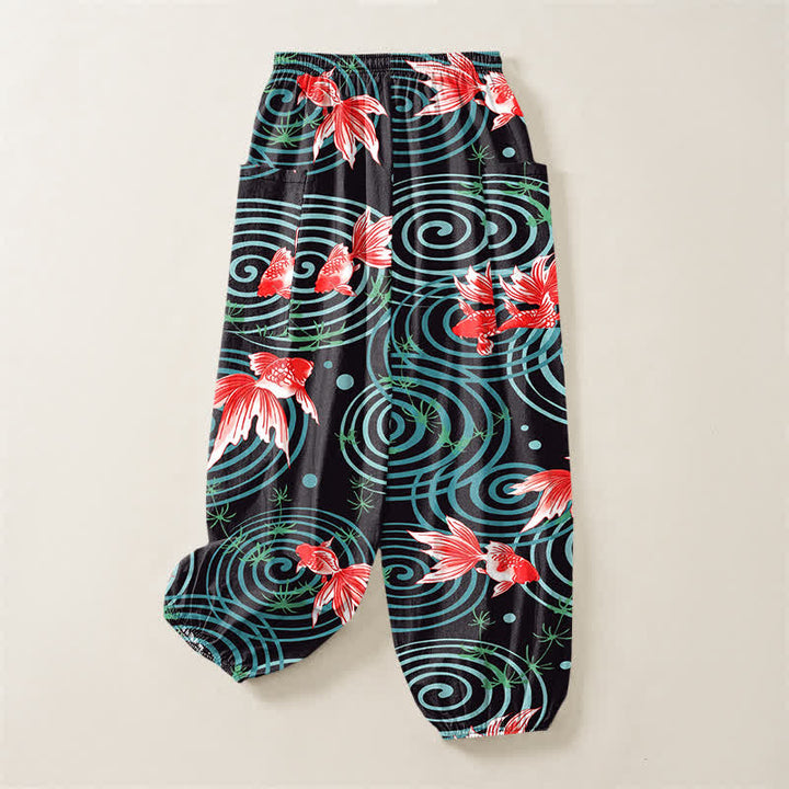 Buddha Stones Pantalones harem de algodón con estampado de carpas koi orientales y cintura elástica para mujer, con bolsillos laterales. - image 4