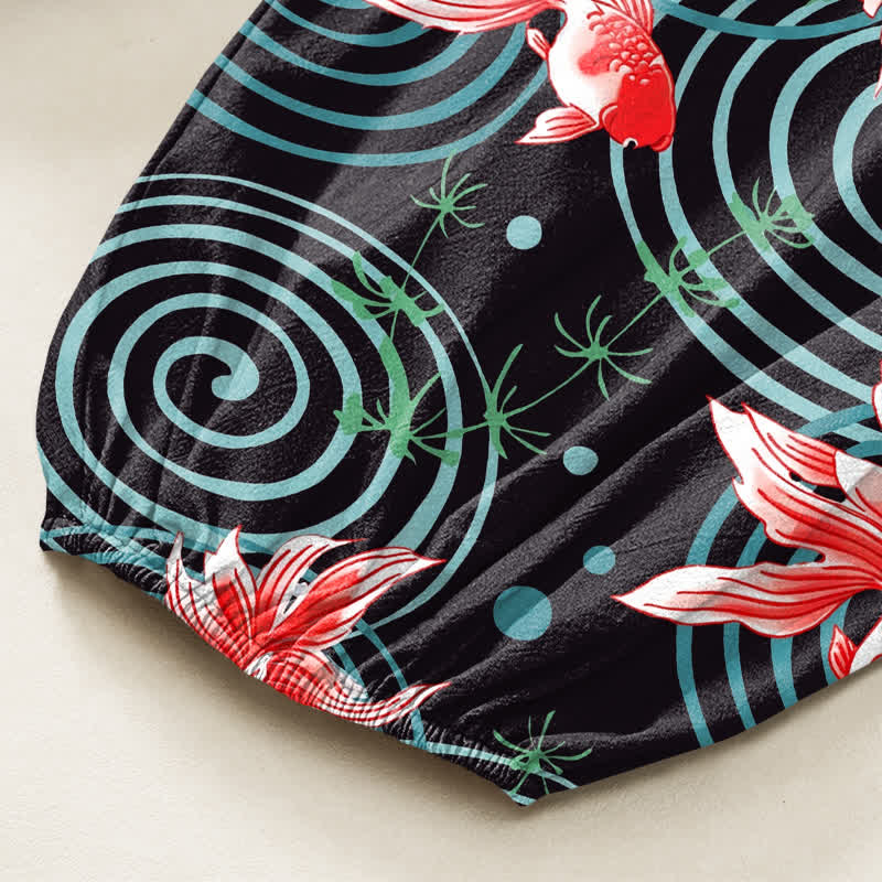 Buddha Stones Pantalones harem de algodón con estampado de carpas koi orientales y cintura elástica para mujer, con bolsillos laterales. - image 6