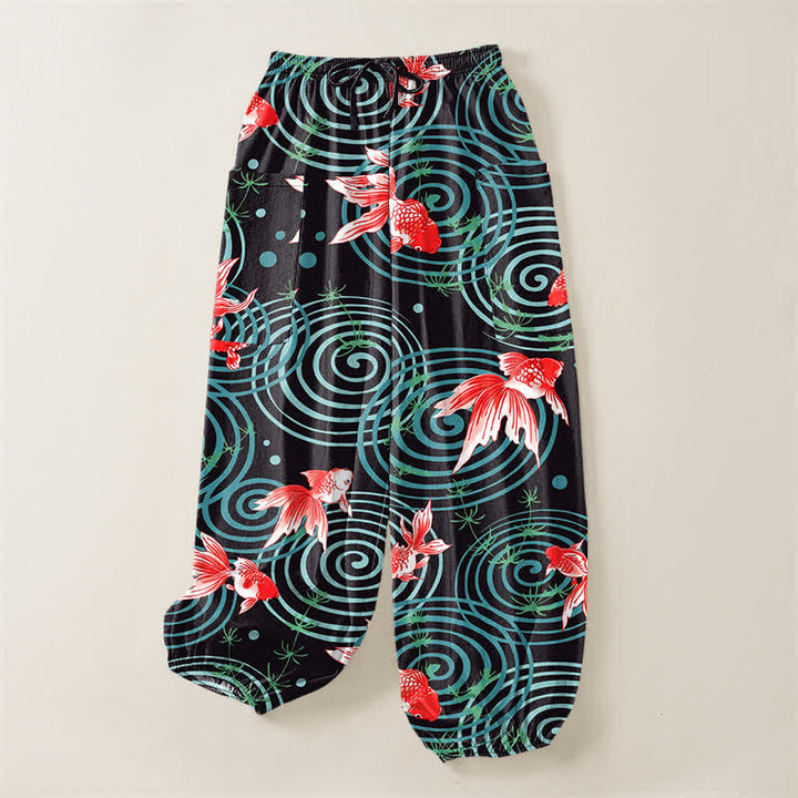 Buddha Stones Pantalones harem de algodón con estampado de carpas koi orientales y cintura elástica para mujer, con bolsillos laterales. - image 3
