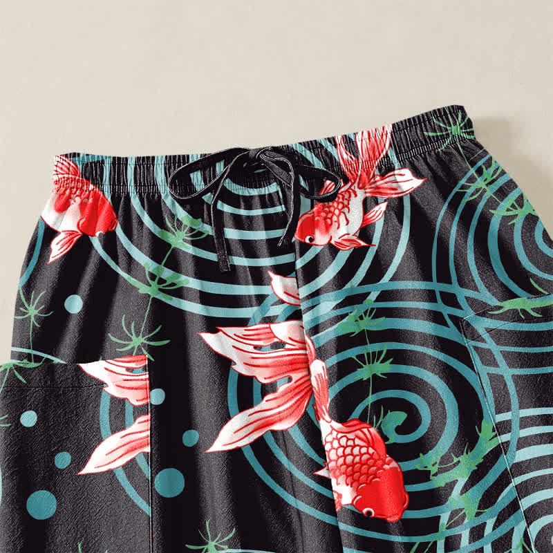Buddha Stones Pantalones harem de algodón con estampado de carpas koi orientales y cintura elástica para mujer, con bolsillos laterales. - image 5