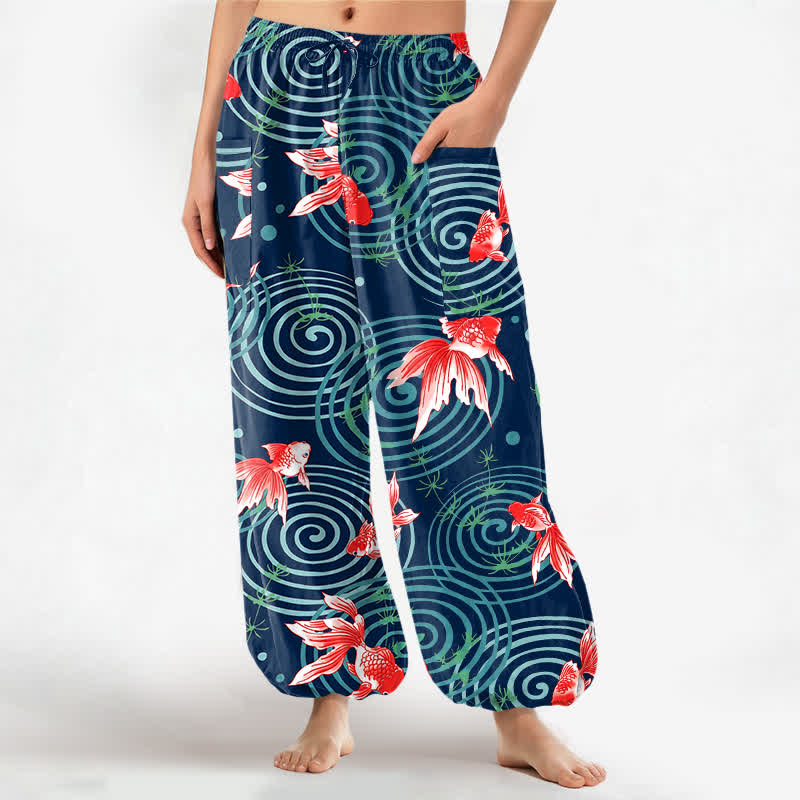 Buddha Stones Pantalones harem de algodón con estampado de carpas koi orientales y cintura elástica para mujer, con bolsillos laterales. - Marina de guerra - US16，UK/AU20，EU48 (3XL) - image 7