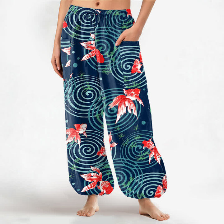 Buddha Stones Pantalones harem de algodón con estampado de carpas koi orientales y cintura elástica para mujer, con bolsillos laterales. - Marina de guerra - US16，UK/AU20，EU48 (3XL) - image 7