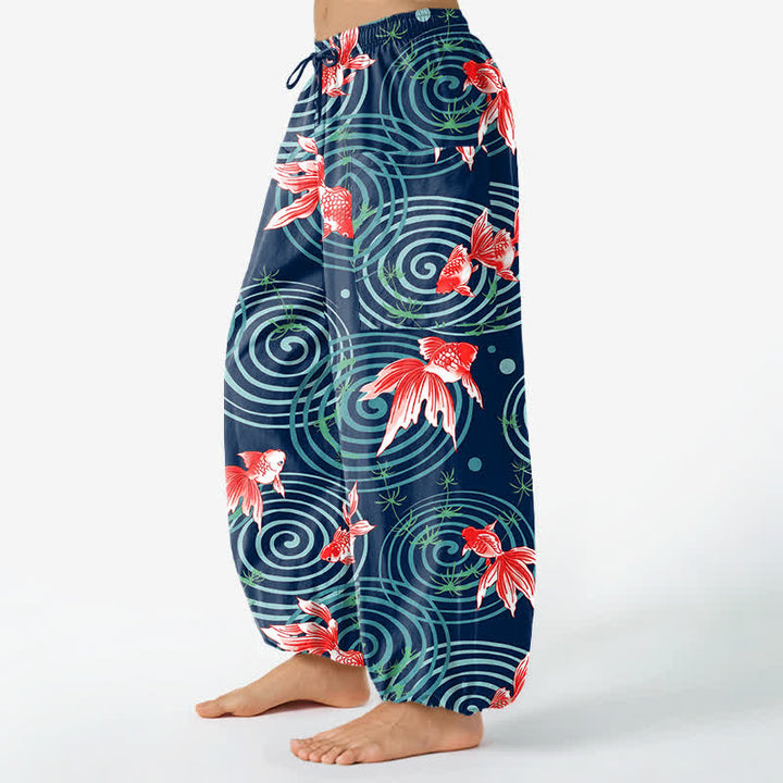 Buddha Stones Pantalones harem de algodón con estampado de carpas koi orientales y cintura elástica para mujer, con bolsillos laterales. - image 8