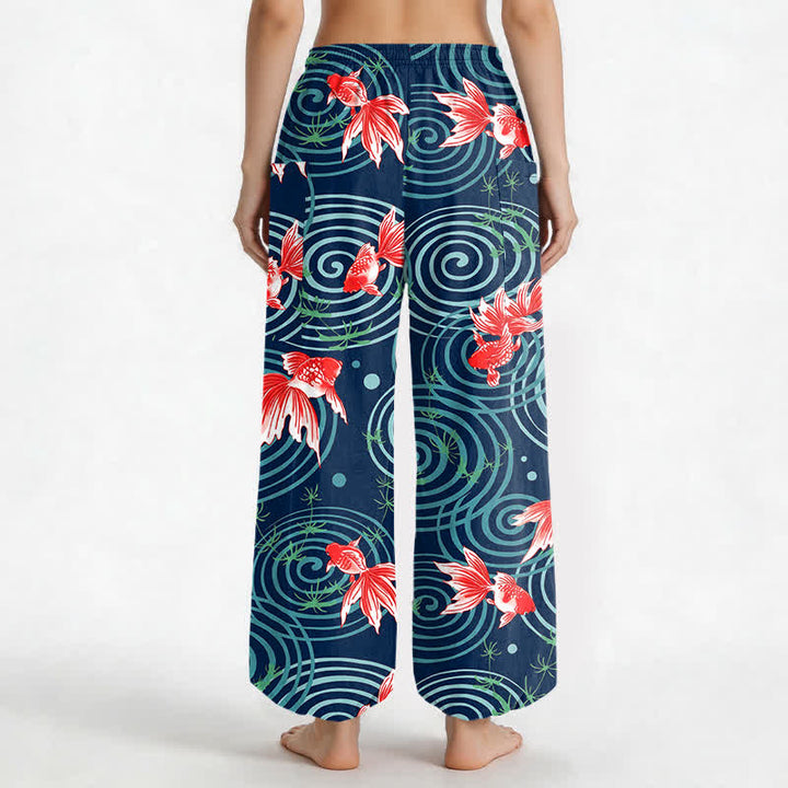 Buddha Stones Pantalones harem de algodón con estampado de carpas koi orientales y cintura elástica para mujer, con bolsillos laterales. - image 9