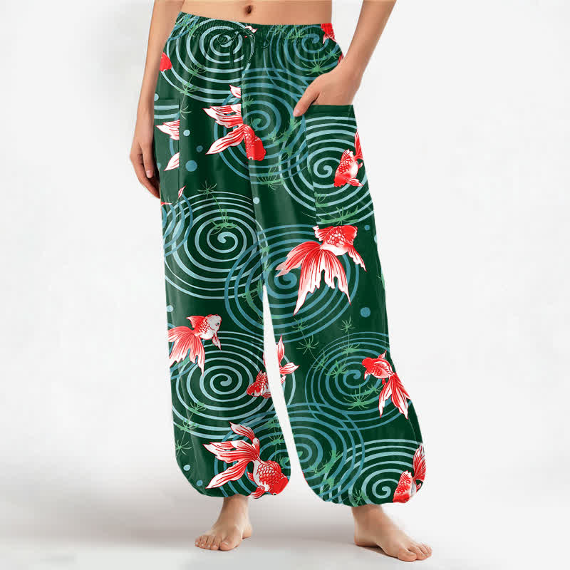 Buddha Stones Pantalones harem de algodón con estampado de carpas koi orientales y cintura elástica para mujer, con bolsillos laterales. - Verde oscuro - US16，UK/AU20，EU48 (3XL) - image 10