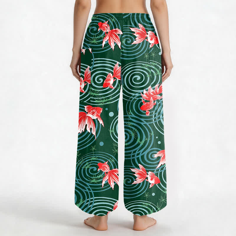 Buddha Stones Pantalones harem de algodón con estampado de carpas koi orientales y cintura elástica para mujer, con bolsillos laterales. - image 12