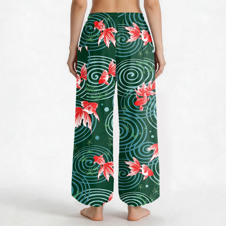 Buddha Stones Pantalones harem de algodón con estampado de carpas koi orientales y cintura elástica para mujer, con bolsillos laterales. - image 12