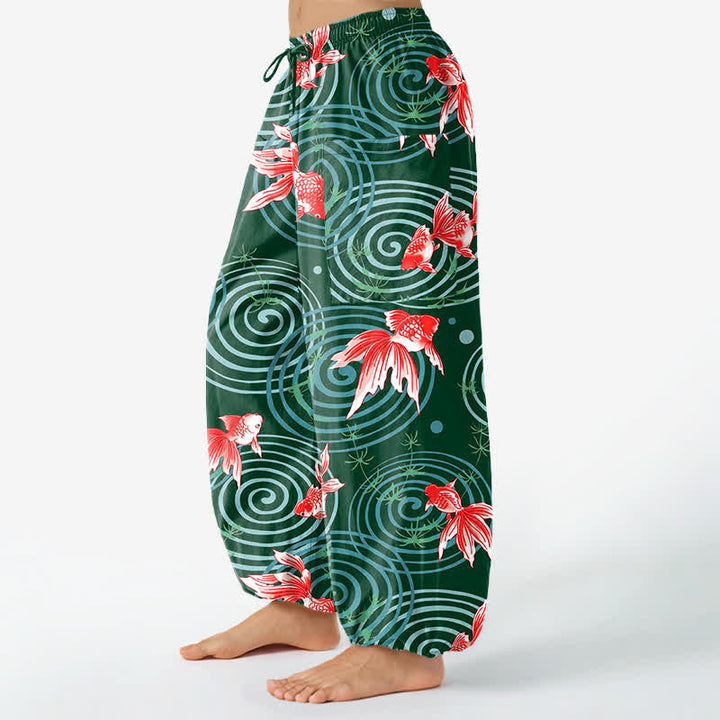 Buddha Stones Pantalones harem de algodón con estampado de carpas koi orientales y cintura elástica para mujer, con bolsillos laterales. - image 11