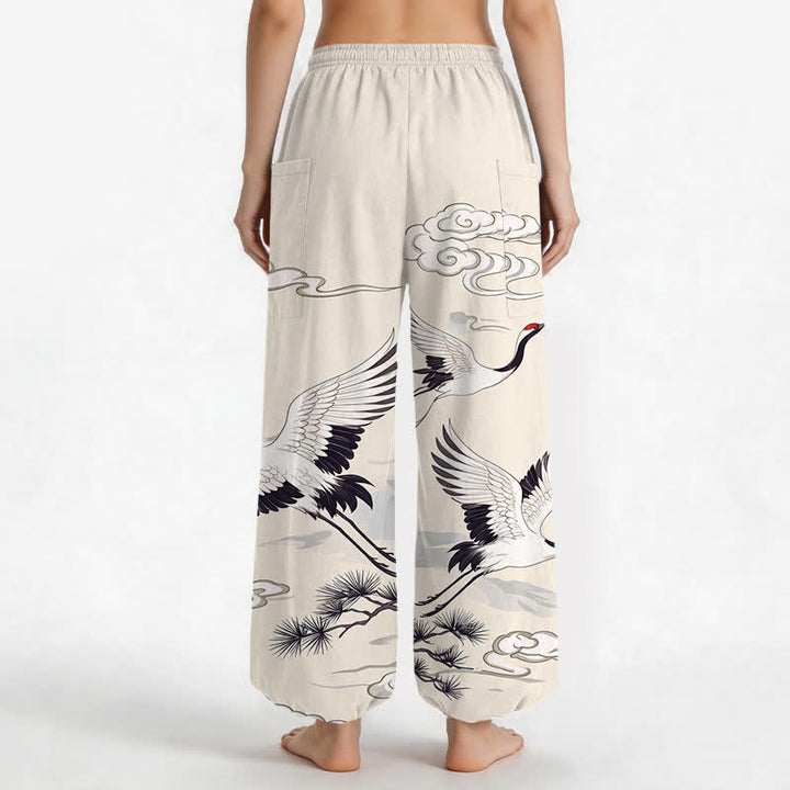 Buddha Stones Pantalones harem de algodón blanco con estampado de grullas y cintura elástica para mujer, con bolsillos laterales. - image 2