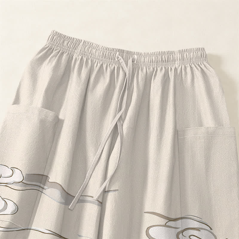 Buddha Stones Pantalones harem de algodón blanco con estampado de grullas y cintura elástica para mujer, con bolsillos laterales. - image 5