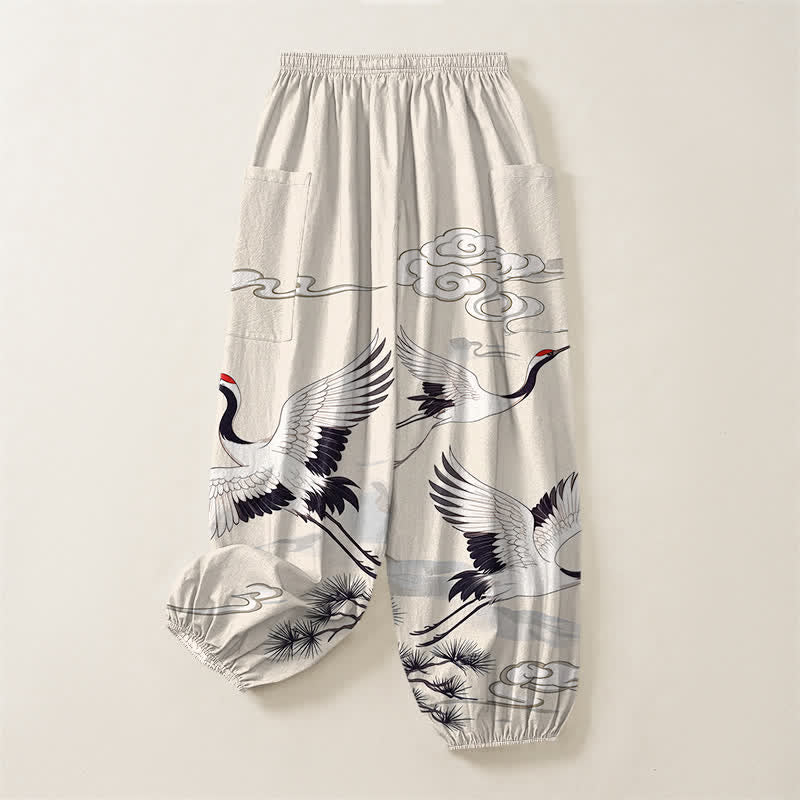 Buddha Stones Pantalones harem de algodón blanco con estampado de grullas y cintura elástica para mujer, con bolsillos laterales. - image 4
