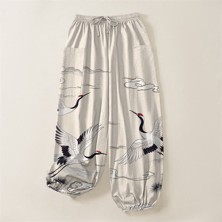 Buddha Stones Pantalones harem de algodón blanco con estampado de grullas y cintura elástica para mujer, con bolsillos laterales. - image 3