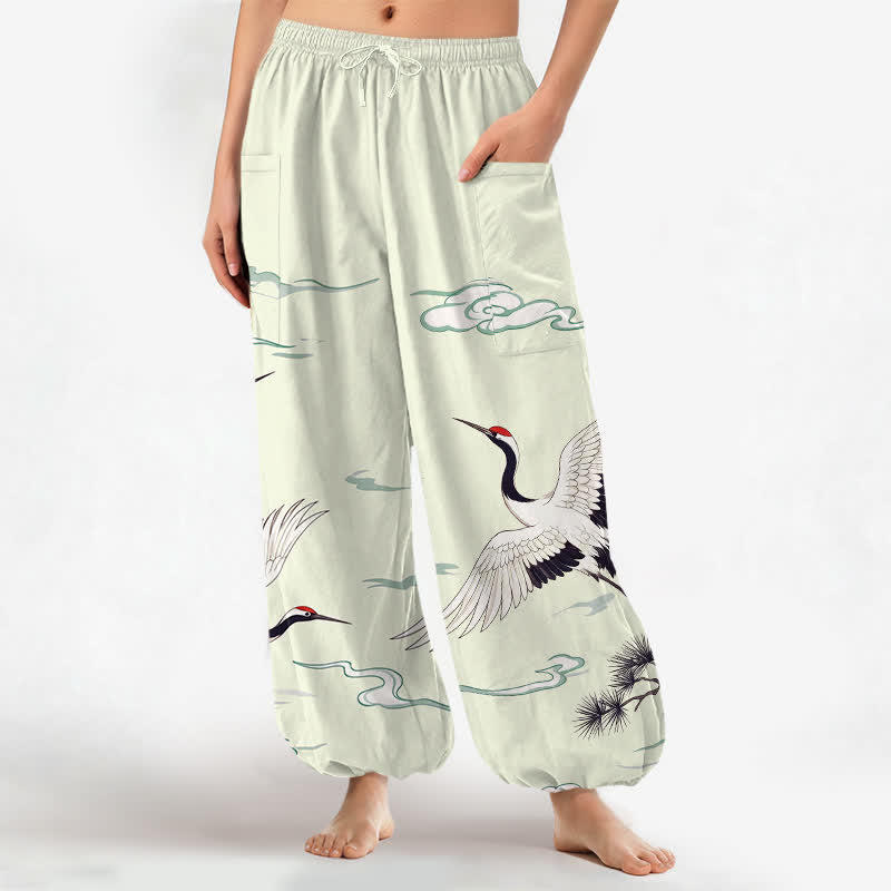 Buddha Stones Pantalones harem de algodón blanco con estampado de grullas y cintura elástica para mujer, con bolsillos laterales. - Gotas de miel - US16，UK/AU20，EU48 (3XL) - image 7