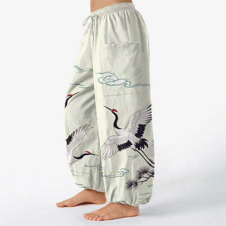Buddha Stones Pantalones harem de algodón blanco con estampado de grullas y cintura elástica para mujer, con bolsillos laterales. - image 8