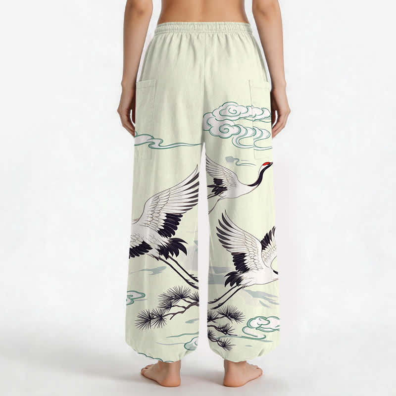 Buddha Stones Pantalones harem de algodón blanco con estampado de grullas y cintura elástica para mujer, con bolsillos laterales. - image 9