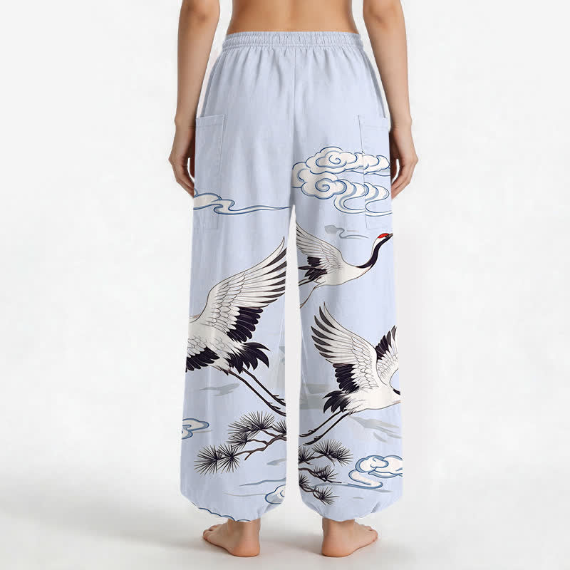 Buddha Stones Pantalones harem de algodón blanco con estampado de grullas y cintura elástica para mujer, con bolsillos laterales. - image 12