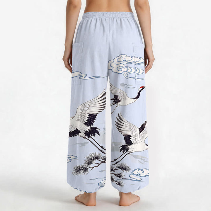 Buddha Stones Pantalones harem de algodón blanco con estampado de grullas y cintura elástica para mujer, con bolsillos laterales. - image 12