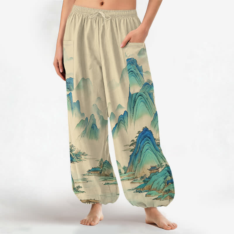 Buddha Stones Pantalones harem de algodón con estampado artístico de picos y aguas para mujer, cintura elástica y bolsillos laterales. - vara de oro pálida - US16，UK/AU20，EU48 (3XL) - image 0