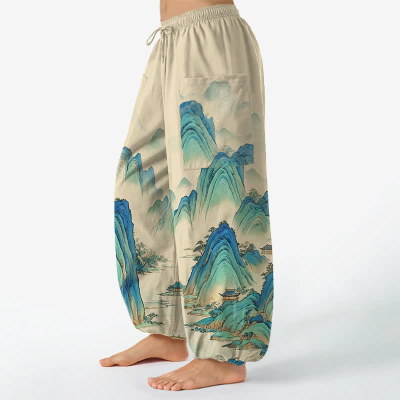 Buddha Stones Pantalones harem de algodón con estampado artístico de picos y aguas para mujer, cintura elástica y bolsillos laterales. - image 1