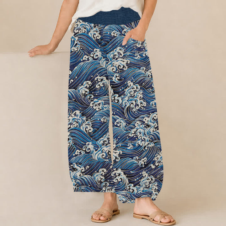 Buddha Stones Pantalones harem de algodón con estampado de olas marinas, cintura elástica plisada y bolsillos para mujer. - Marina de guerra - US16，UK/AU20，EU48 (3XL) - image 0