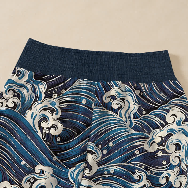Buddha Stones Pantalones harem de algodón con estampado de olas marinas, cintura elástica plisada y bolsillos para mujer. - image 4